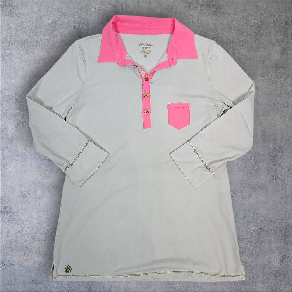 Lilly Pulitzer Luxletic Polo Shirt Pink Trim Golf Athleisure Size Small L48